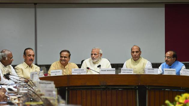 Prime Minister Narendra Modi with Union Home Minister Rajnath Singh, Parliamentary Affairs Minister Ananth Kumar, Congress’s Ghulam Nabi Azad and Mallikarjun Kharge among others at an all-party meeting in New Delhi. The PM hoped that leaders across parties would raise issues of public importance in the larger interest of the country in the Parliament’s upcoming monsoon session. (PTI) Prime Minister Narendra Modi with Union Home Minister Rajnath Singh, Parliamentary Affairs Minister Ananth Kumar, Congress’s Ghulam Nabi Azad and Mallikarjun Kharge among others at an all-party meeting in New Delhi. The PM hoped that leaders across parties would raise issues of public importance in the larger interest of the country in the Parliament’s upcoming monsoon session. (PTI)