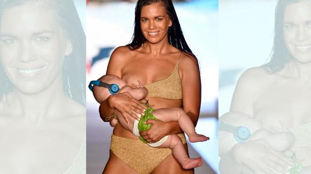 A model breastfeeds while walking the runway for the 2018 Sports Illustrated Swimsuit show at PARAISO during Miami Swim Week.(AFP Photo)