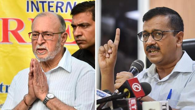 Combo photo of lieutenant governor of Delhi, Anil Baijal (L), and Delhi chief minister Arvind Kejriwal. Amid an ongoing tussle with LG, the Aam Aadmi Party (AAP) government on Wednesday told the Supreme Court that the Delhi government was paralysed because it could not transfer or post bureaucrats.(PTI Photo)