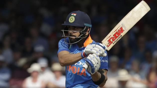 India captain Virat Kohli hits a shot during the one day cricket match between England and India.(AP)