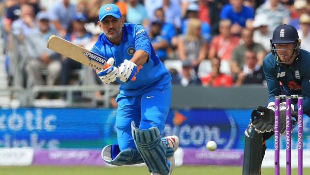 India's MS Dhoni plays a shot during the third One Day International (ODI) cricket match between England and India, at Headingley Stadium in Leeds, northern England on July 17, 2018.(AFP)