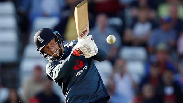 England's Joe Root hits a four for his century in the 3rd ODI between England and India at Headingley, Britain on July 17, 2018.(Action Images via Reuters)