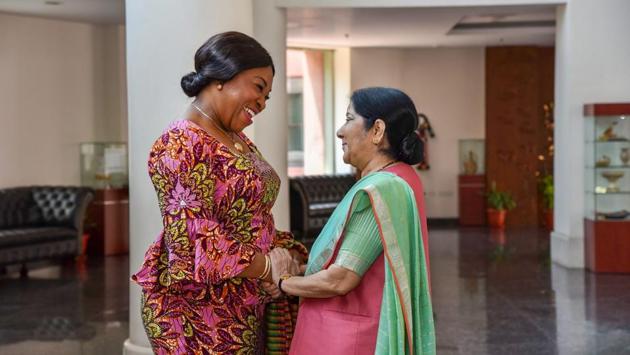 External Affairs Minister Sushma Swaraj greets her Ghanaian counterpart Shirley Ayorkor Botchway in New Delhi. (PTI) External Affairs Minister Sushma Swaraj greets her Ghanaian counterpart Shirley Ayorkor Botchway in New Delhi. (PTI)