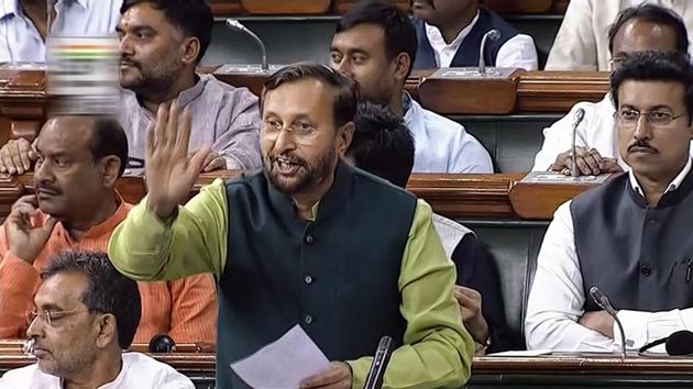 HRD Minister Prakash Javadekar speaks in the Lok Sabha on the first day of the Monsoon session of Parliament, in New Delhi on Wednesday.(PTI)
