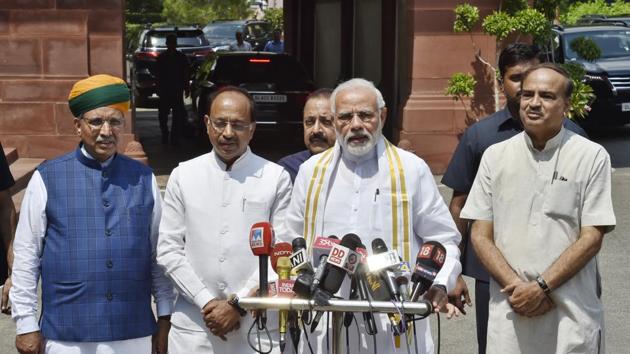 Prime Minister Narendra Modi addresses the media as Parliamentary Affairs Minister Ananth Kumar, Union Minister for Development of North Eastern Region (DoNER) Jitendra Singh, MoS Arjun Ram Meghwal and Union MoS for Parliamentary Affairs Vijay Goel look on, ahead of the Monsoon Session of the parliament at Parliament House in New Delhi. The Centre and Opposition will be looking forward to debates over a long pending list of bills and a slew of relevant issues. (Ajay Aggarwal / HT Photo) Prime Minister Narendra Modi addresses the media as Parliamentary Affairs Minister Ananth Kumar, Union Minister for Development of North Eastern Region (DoNER) Jitendra Singh, MoS Arjun Ram Meghwal and Union MoS for Parliamentary Affairs Vijay Goel look on, ahead of the Monsoon Session of the parliament at Parliament House in New Delhi. The Centre and Opposition will be looking forward to debates over a long pending list of bills and a slew of relevant issues. (Ajay Aggarwal / HT Photo)