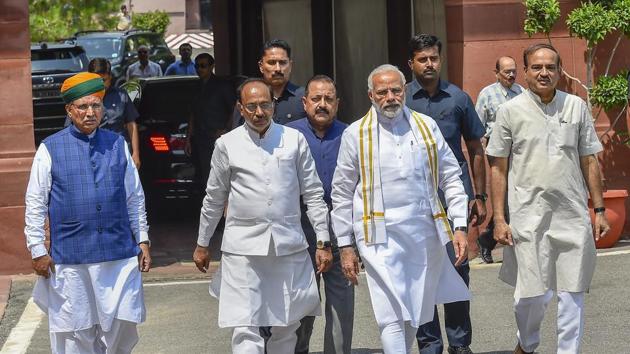 Prime Minister Narendra Modi arrives to address the media ahead of the monsoon session. Parliamentary affairs minister Ananth Kumar (right) is also seen. (PTI Photo) Prime Minister Narendra Modi arrives to address the media ahead of the monsoon session. Parliamentary affairs minister Ananth Kumar (right) is also seen. (PTI Photo)