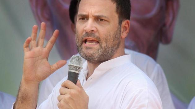 Congress president Rahul Gandhi speaks during 'Chaupal pe Charcha' an interaction session with farmers at Nanded village in Maharashtra.(PTI File Photo)
