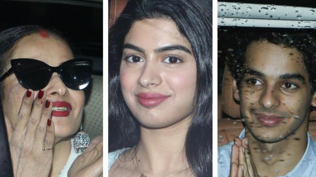Rekha, Khushi Kapoor and Ishaan Khatter arrive at the special screening of Dhadak. (Viral Bhayani) Rekha, Khushi Kapoor and Ishaan Khatter arrive at the special screening of Dhadak. (Viral Bhayani)