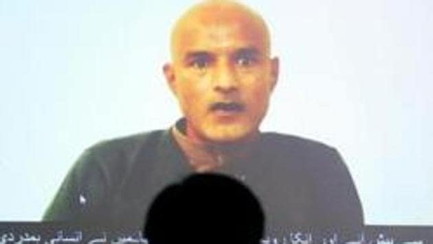 Former Indian Navy officer Kulbhushan Jadhav is seen on a screen during a news conference at the Ministry of Foreign Affairs in Islamabad, Pakistan.(Reuters File Photo)