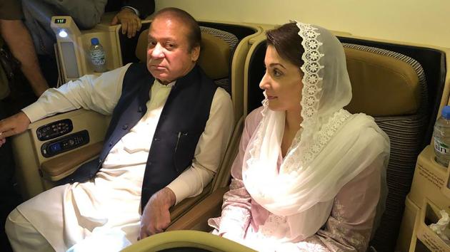 Former prime minister Nawaz Sharif (L) and his daughter Maryam Nawaz siting on a plane after their arrival in Lahore. Jailed father daughter duo may be shifted from the high-security Adiala jail to Sihala Rest House.(AFP Photo)