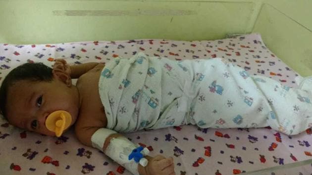 The needle remained undetected for 19 days, as the parents and doctors mistook the swelling on the baby’s thigh for bone inflammation. (Photo courtesy: Wadia hospital) The needle remained undetected for 19 days, as the parents and doctors mistook the swelling on the baby’s thigh for bone inflammation. (Photo courtesy: Wadia hospital)