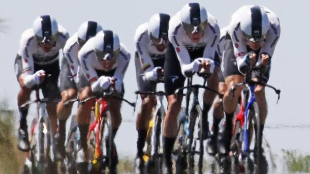 Heat shimmer blurs the image of Team Sky riders with Britain’s Chris Froome in second position as they ride during the third stage at Cholet, France, on July 9, 2018. (Christophe Ena / AP) Heat shimmer blurs the image of Team Sky riders with Britain’s Chris Froome in second position as they ride during the third stage at Cholet, France, on July 9, 2018. (Christophe Ena / AP)