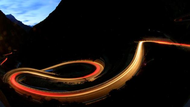 A long exposure shows traffic flowing on the Gotthardstrasse mountain pass road through the Schoellenenschlucht canyon near the village of Goeschenen, Switzerland. (Arnd Weigmann / REUTERS) A long exposure shows traffic flowing on the Gotthardstrasse mountain pass road through the Schoellenenschlucht canyon near the village of Goeschenen, Switzerland. (Arnd Weigmann / REUTERS)