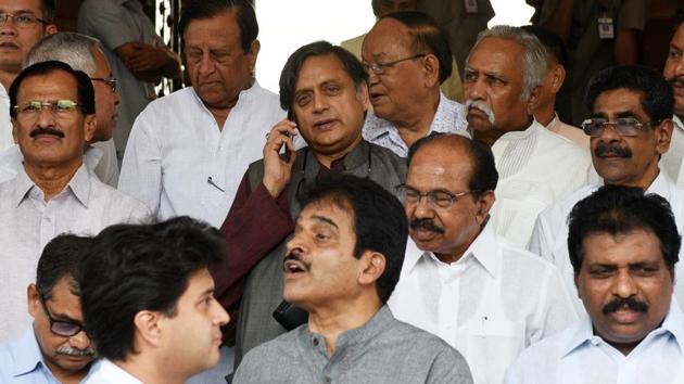 Congress parliamentarians stage a protest against the hike in the MSP (Minimum Support Price) of alternative crops, at Parliament House, on the second day of the monsoon session in New Delhi on July 19, 2018. (Mohd Zakir / HT Photo)
