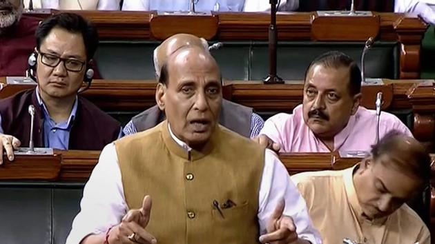 Union home minister Rajnath Singh speaks in the Lok Sabha on no-confidence motion during the monsoon session of Parliament, in New Delhi on Friday.(PTI photo)