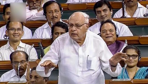 Jammu and Kashmir National Conference President Farooq Abdullah speaks in the Lok Sabha on 'no-confidence motion' during the Monsoon Session of Parliament, in New Delhi on Friday, July 20, 2018.(PTI)