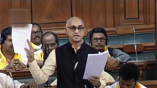 TDP MP Jayadev Galla speaks in the Lok Sabha on no-confidence motion during the Monsoon Session of Parliament, in New Delhi on Friday.(PTI)