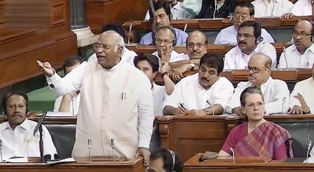 Congress parliamentary party leader Mallikarjun Kharge speaks in the Lok Sabha on no-confidence motion during the Monsoon session of Parliament on Friday. (PTI Photo) Congress parliamentary party leader Mallikarjun Kharge speaks in the Lok Sabha on no-confidence motion during the Monsoon session of Parliament on Friday. (PTI Photo)