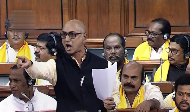 TDP MP Jayadev Galla speaks in the Lok Sabha on no-confidence motion during the Monsoon session of Parliament, in New Delhi on Friday.(PTI)