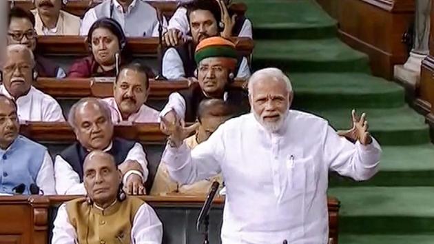 PM Modi addressing the Lok Sabha during the debate on the no-confidence motion against his government.(PTI Photo)