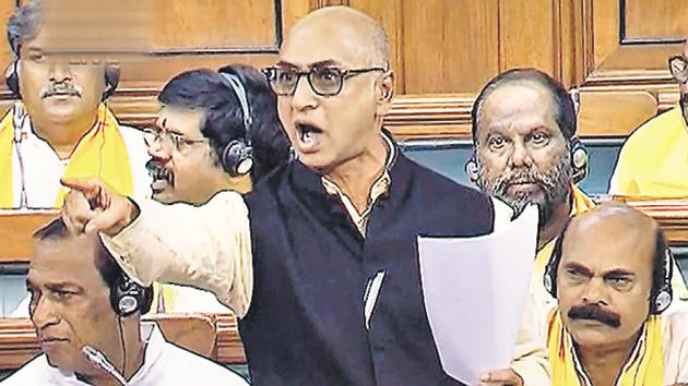 Telugu Desam Party MP Jayadev Galla speaks in the Lok Sabha on no-confidence motion during the monsoon session of Parliament, in New Delhi on Friday.(PTI photo)