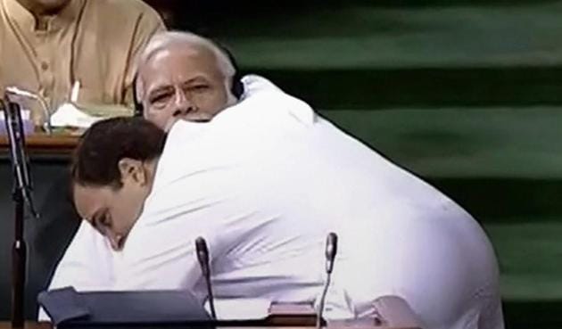 Congress Rahul Gandhi hugs PM Narendra Modi at the end of the his speech during the no-confidence motion debate in Lok Sabha on Friday.(PTI)