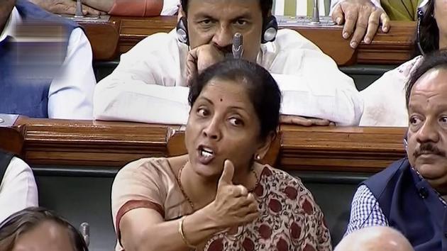 Defence minister Nirmala Sitharaman speaks in the Lok Sabha on 'no-confidence motion' during the Monsoon Session of Parliament, in New Delhi on July 20.(PTI Photo)