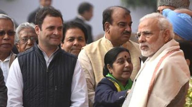 Prime Minister Narendra Modi and Congress president Rahul Gandhi at the Parliament House in New Delhi. The Narendra Modi government will face its first no-confidence motion in Parliament today. (Sushil Kumar/HT File Photo) Prime Minister Narendra Modi and Congress president Rahul Gandhi at the Parliament House in New Delhi. The Narendra Modi government will face its first no-confidence motion in Parliament today. (Sushil Kumar/HT File Photo)