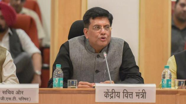 Finance minister Piyush Goyal speaks during the 28th Meeting of the Goods and Services Tax Council at Vigyan Bhawan, in New Delhi on Saturday.(PTI photo)