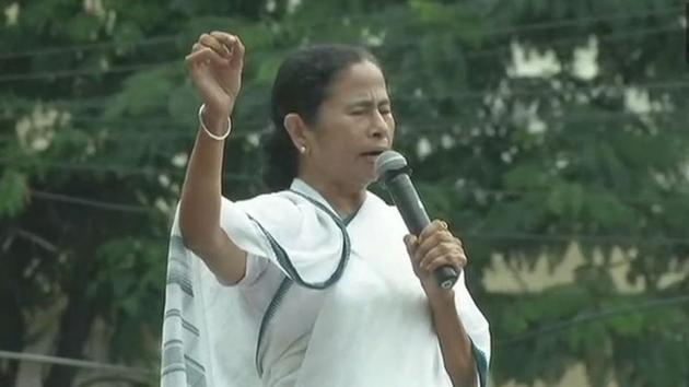 West Bengal chief minister and Trimanool Congress chief Mamata Banerjee addresses the Martyrs’ Day rally in Kolkata.(ANI/Twitter)