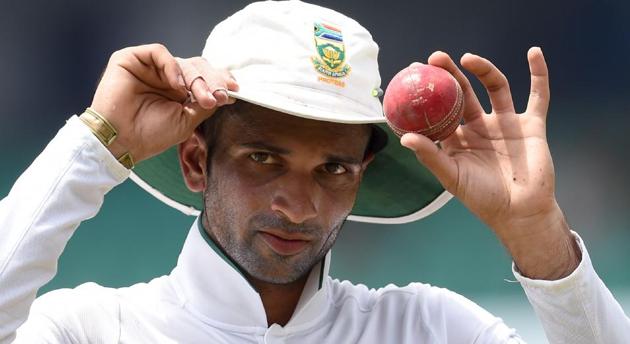 South Africa's Keshav Maharaj shows the ball as he celebrates taking nine wickets during Day 2 of the second Test against Sri Lanka.(AFP)