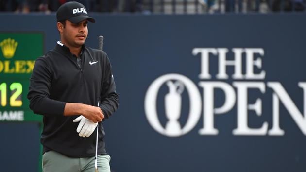 India's Shubhankar Sharma leaves the 1st tee during his third round on day 3 of The 147th Open golf Championship at Carnoustie.(AFP)