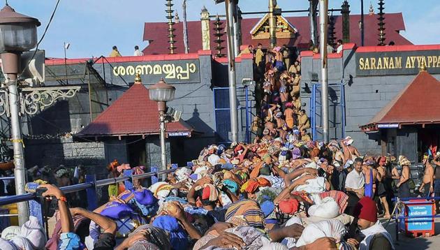 The Supreme Court said on Wednesday that women have the constitutional right to enter Sabarimala temple in Kerala and pray like men without being discriminated against.(PTI File Photo)