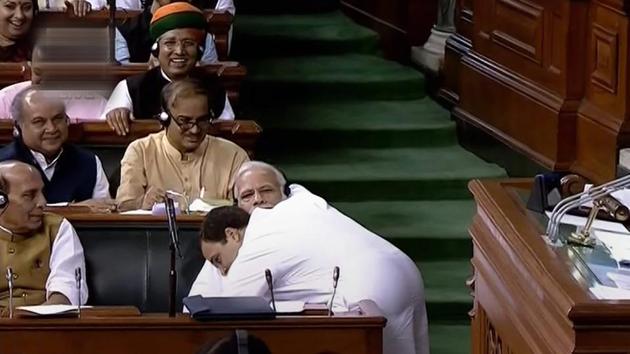 Congress president Rahul Gandhi hugs Prime Minister Narendra Modi after his speech in the Lok Sabha on 'no-confidence motion' during the Monsoon Session of Parliament, in New Delhi on July 20. (PTI Photo) Congress president Rahul Gandhi hugs Prime Minister Narendra Modi after his speech in the Lok Sabha on 'no-confidence motion' during the Monsoon Session of Parliament, in New Delhi on July 20. (PTI Photo)