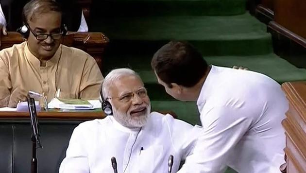 Congress President Rahul Gandhi interacts with Prime Minister Narendra Modi after his speech in the Lok Sabha on 'no-confidence motion' during the Monsoon Session of Parliament, in New Delhi on Friday, July 20, 2018. (PTI) Congress President Rahul Gandhi interacts with Prime Minister Narendra Modi after his speech in the Lok Sabha on 'no-confidence motion' during the Monsoon Session of Parliament, in New Delhi on Friday, July 20, 2018. (PTI)