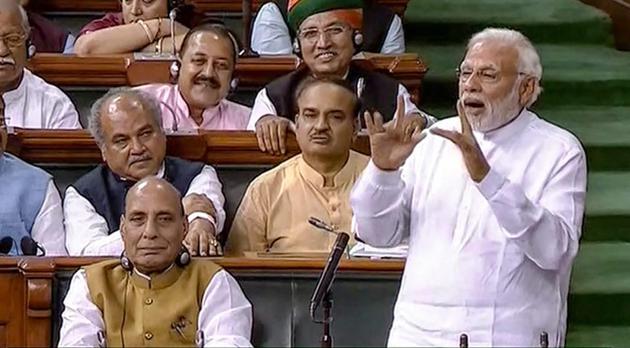 Prime Minister Narendra Modi speaks in the Lok Sabha during the no-confidence motion in Parliament, in New Delhi on Friday.(PTI)