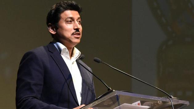 New Delhi: Union MoS Information and Broadcasting Rajyavardhan Singh Rathore addresses at the opening ceremony of the European Union Film Festival 2018, in New Delhi on June 18, 2018.(IANS File Photo)