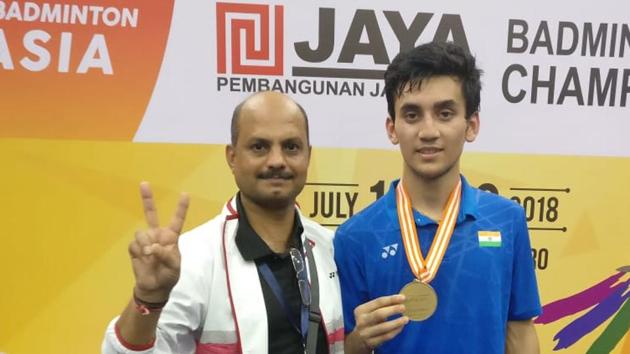 Lakshya Sen (R) with junior national coach Sanjay Mishra.(Badminton Association of India)