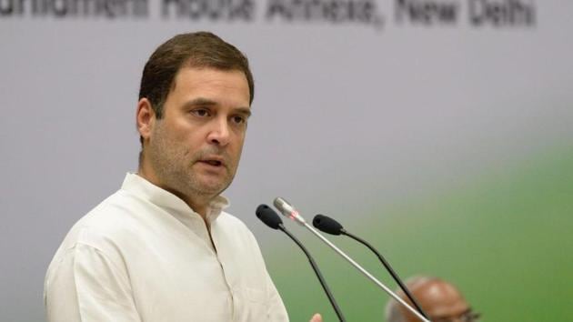 Congress president Rahul Gandhi addressing the extended Congress Working Committee meeting at Parliament House Annexe in New Delhi on Sunday.(PTI Photo)