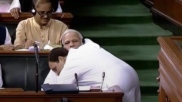 Congress President Rahul Gandhi hugs Prime Minister Narendra Modi after his Lok Sabha speech during the 'no-confidence motion' on July 20, 2018. (PTI) Congress President Rahul Gandhi hugs Prime Minister Narendra Modi after his Lok Sabha speech during the 'no-confidence motion' on July 20, 2018. (PTI)