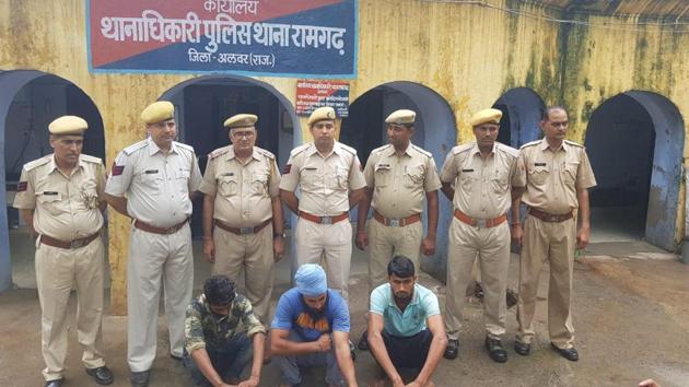 Three accused in the Alwar lynching case at the Ramgarh police station. (HT Photo) Three accused in the Alwar lynching case at the Ramgarh police station. (HT Photo)