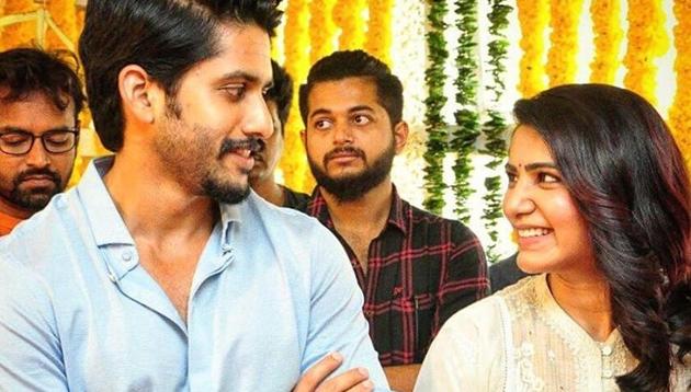 Naga Chaitanya and Samantha Akkineni cannot stop smiling at each other during the pooja ceremony of their upcoming film.