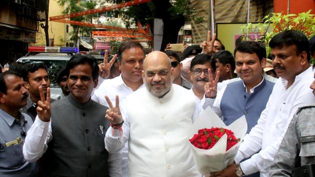 BJP president Amit Shah and Maharashtra CM Devendra Fadnavis arrive for a party meeting at Vasant Smriti, at Dadar, in Mumbai. (HT Photo) BJP president Amit Shah and Maharashtra CM Devendra Fadnavis arrive for a party meeting at Vasant Smriti, at Dadar, in Mumbai. (HT Photo)