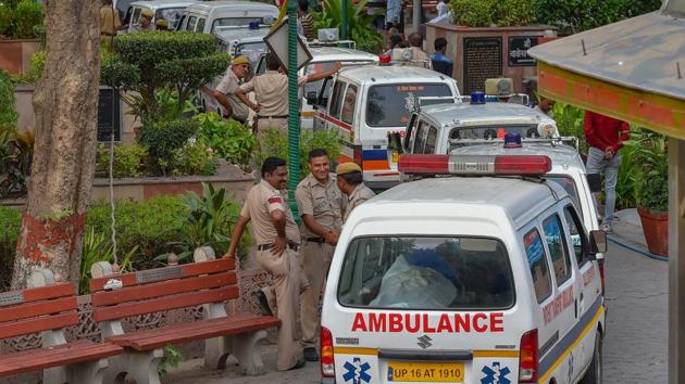 Ambulances carry the bodies of 11 family members who were found hanging at their residence in Burari, New Delhi.(PTI File Photo)