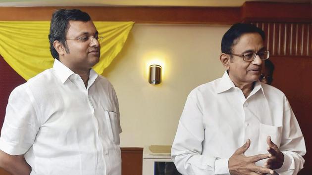 Former Union minister P Chidambaram with his son Karti P Chidambaram during a press conference. (PTI File Photo) Former Union minister P Chidambaram with his son Karti P Chidambaram during a press conference. (PTI File Photo)