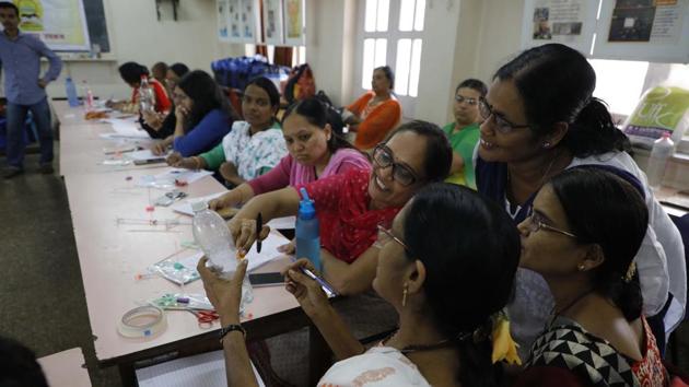 School teachers during the session on entrepreneurship and innovation at Jnana Probodini centre at Sadashiv peth on Sunday. (RAHUL RAUT/HT Photo) School teachers during the session on entrepreneurship and innovation at Jnana Probodini centre at Sadashiv peth on Sunday. (RAHUL RAUT/HT Photo)