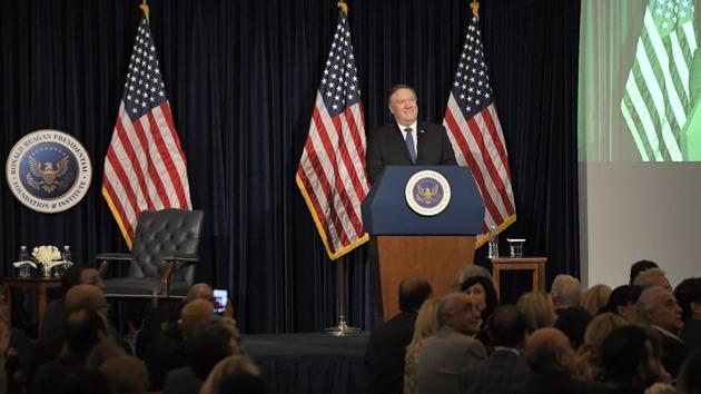 US Secretary of State Mike Pompeo watches as a protester is escorted from the balcony as he speaks at the Ronald Reagan Presidential Library, Sunday, July 22, 2018, in Simi Valley, Calif. (AP) US Secretary of State Mike Pompeo watches as a protester is escorted from the balcony as he speaks at the Ronald Reagan Presidential Library, Sunday, July 22, 2018, in Simi Valley, Calif. (AP)