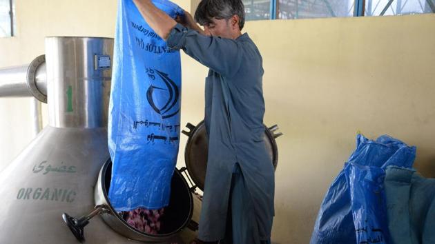 An Afghan man puts roses into a heater at a processing plant in Jalalabad. Shortly before the “Roses for Nangarhar” project started, Afghan entrepreneur Abdullah Orzala (not pictured) began growing roses and distributing the plants. He has 100 hectares (250 acres) of roses, but hopes to triple the number of plants next year “if the security (situation) allows.” (Noorullah Shirzada / AFP) An Afghan man puts roses into a heater at a processing plant in Jalalabad. Shortly before the “Roses for Nangarhar” project started, Afghan entrepreneur Abdullah Orzala (not pictured) began growing roses and distributing the plants. He has 100 hectares (250 acres) of roses, but hopes to triple the number of plants next year “if the security (situation) allows.” (Noorullah Shirzada / AFP)