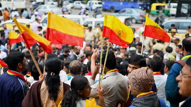 Activists waving Karnataka state flags during a protest in Bengaluru last year over Mahadayi river water row.(AFP Photo)