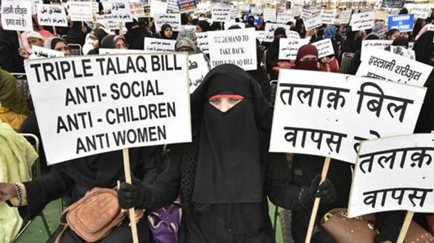 Muslim women protest against triple talaq bill at Ramlila Ground in New Delhi on Wednesday, April 4, 2018. (Raj K Raj/HT File Photo) Muslim women protest against triple talaq bill at Ramlila Ground in New Delhi on Wednesday, April 4, 2018. (Raj K Raj/HT File Photo)